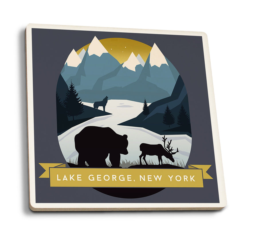 Lake George, New York, Animal Silhouettes, Yellow & Blue, Contour, Lantern Press Artwork, Coaster Set Coasters Lantern Press 