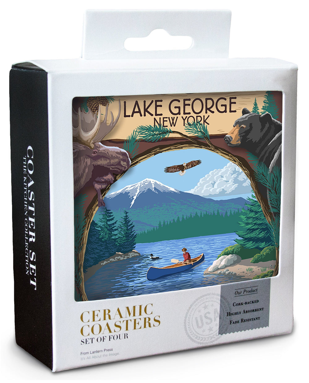 Lake George, New York, Canoe Scene, Lantern Press Artwork, Coaster Set Coasters Lantern Press 