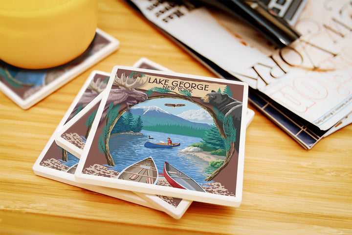 Lake George, New York, Canoe Scene, Lantern Press Artwork, Coaster Set Coasters Lantern Press 