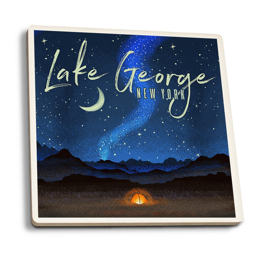 Lake George, New York, Tent & Night Sky, Mid-Century Style, Lantern Press Artwork, Coaster Set Coasters Lantern Press 