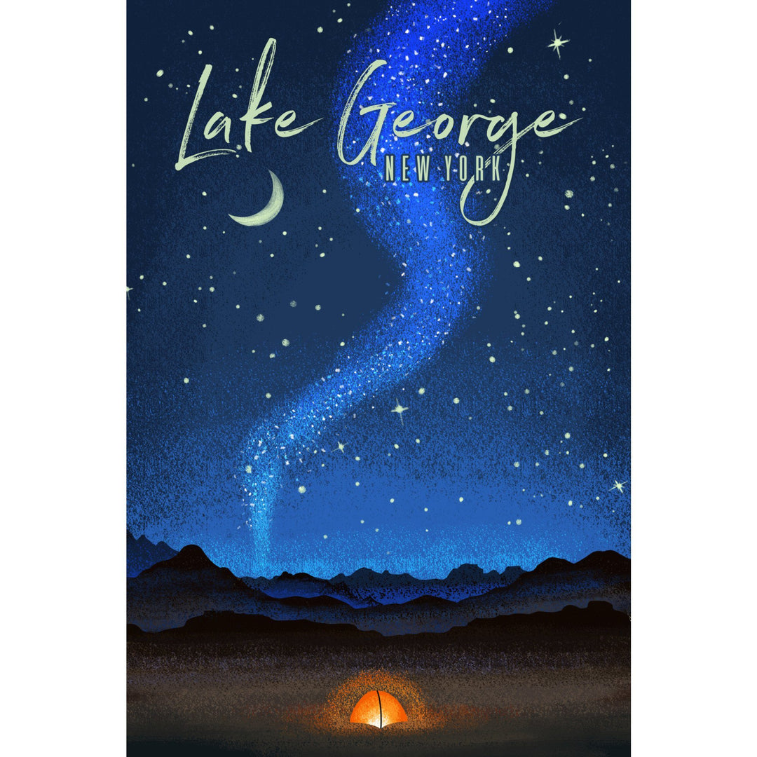 Lake George, New York, Tent & Night Sky, Mid-Century Style, Lantern Press Artwork, Stretched Canvas Canvas Lantern Press 