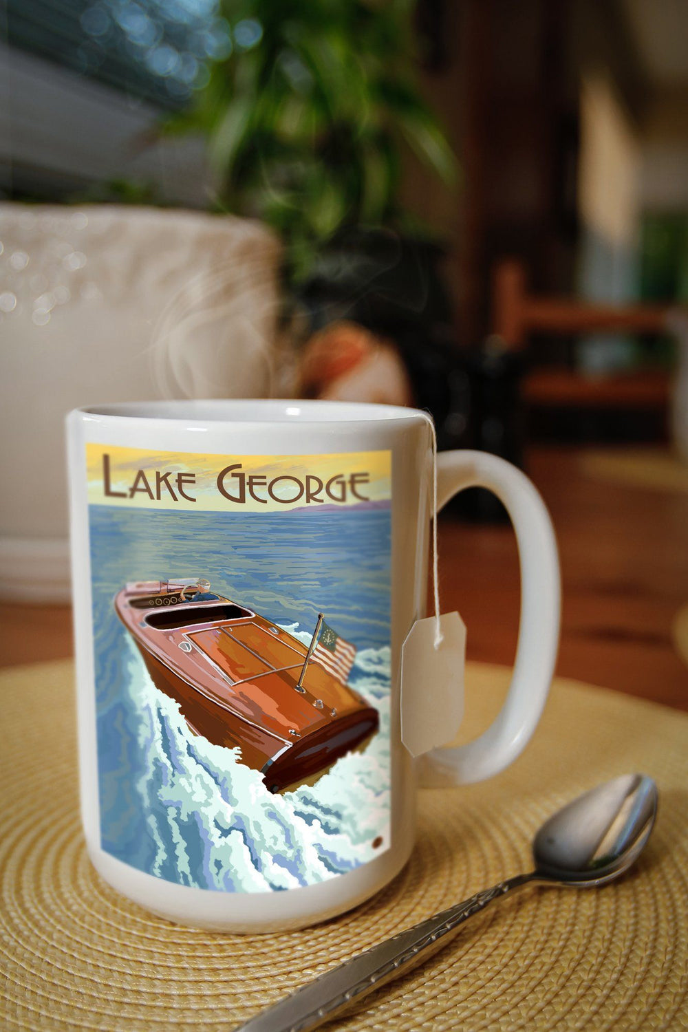 Lake George, New York, Wooden Boat on Lake, Lantern Press Artwork, Ceramic Mug Mugs Lantern Press 