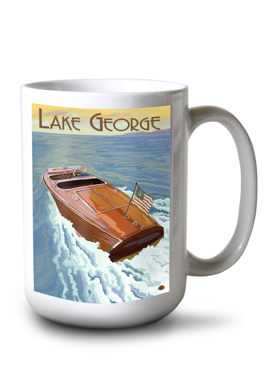 Lake George, New York, Wooden Boat on Lake, Lantern Press Artwork, Ceramic Mug Mugs Lantern Press 