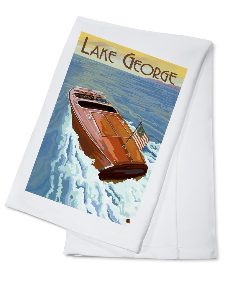 Lake George, New York, Wooden Boat on Lake, Lantern Press Artwork, Towels and Aprons Kitchen Lantern Press Cotton Towel 