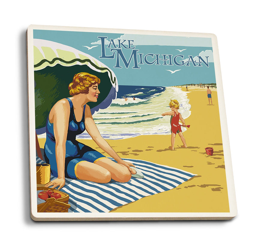 Lake Michigan, Beach Scene, Lantern Press Artwork, Coaster Set Coasters Lantern Press 