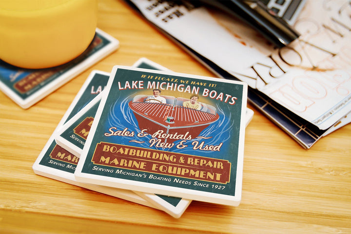Lake Michigan, Michigan, Boat Shop Vintage Sign, Lantern Press Artwork, Coaster Set Coasters Lantern Press 