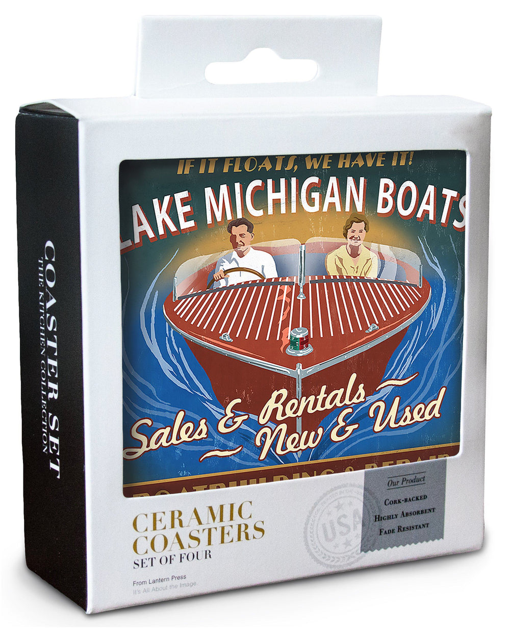 Lake Michigan, Michigan, Boat Shop Vintage Sign, Lantern Press Artwork, Coaster Set Coasters Lantern Press 