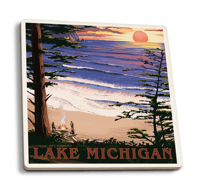 Lake Michigan, Sunset on Beach, Lantern Press Artwork, Coaster Set Coasters Lantern Press 