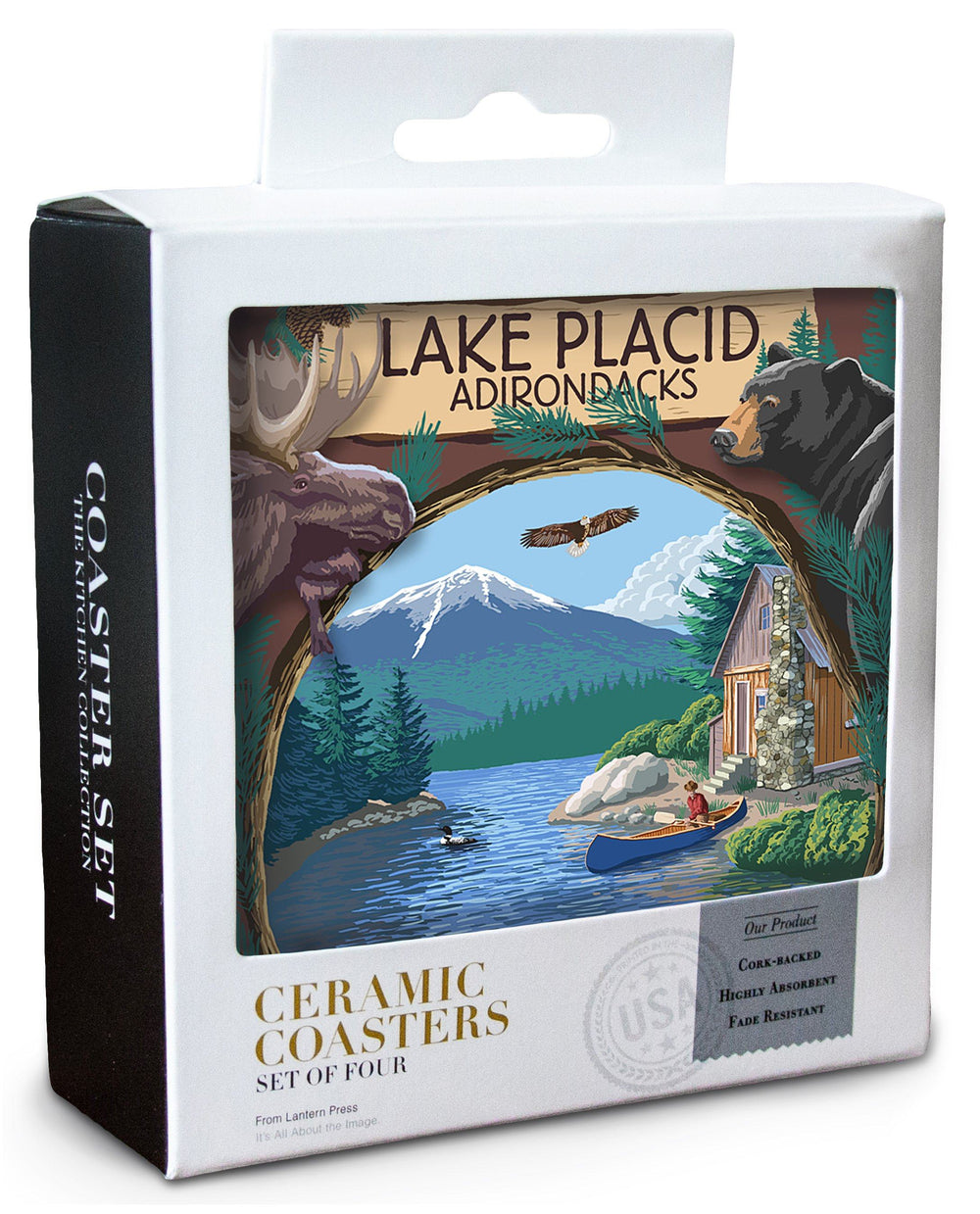 Lake Placid, New York, Adirondacks Canoe Scene, Lantern Press Artwork, Coaster Set Coasters Lantern Press 
