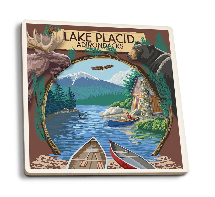 Lake Placid, New York, Adirondacks Canoe Scene, Lantern Press Artwork, Coaster Set Coasters Lantern Press 