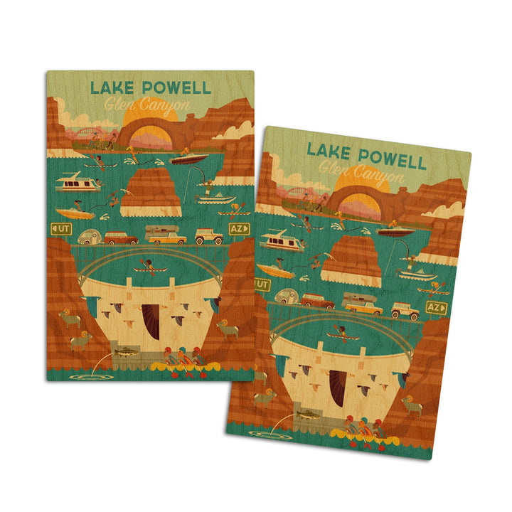 Lake Powell, Arizona, Glen Canyon Dam, Geometric, Lantern Press Artwork, Wood Signs and Postcards Wood Lantern Press 4x6 Wood Postcard Set 
