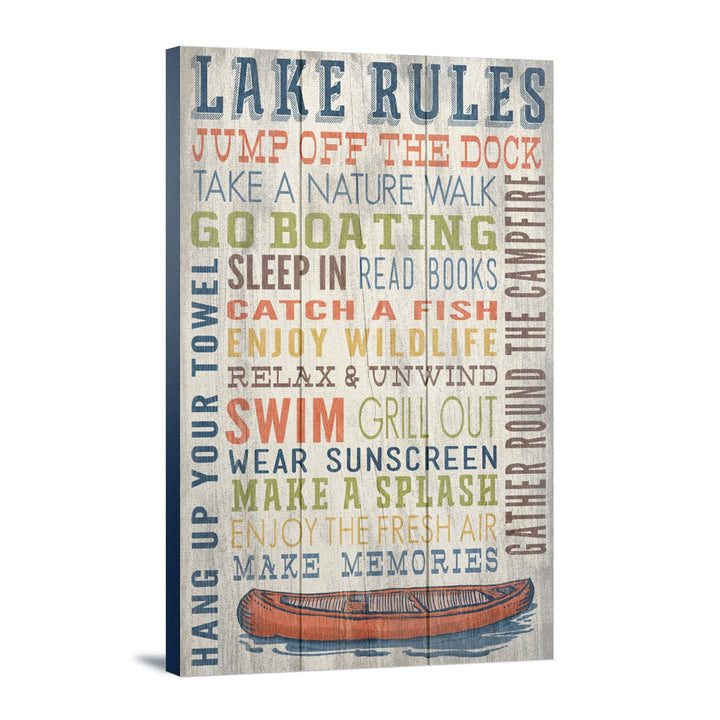 Lake Rules, Rustic Typography, Lantern Press Artwork, Stretched Canvas Canvas Lantern Press 12x18 Stretched Canvas 