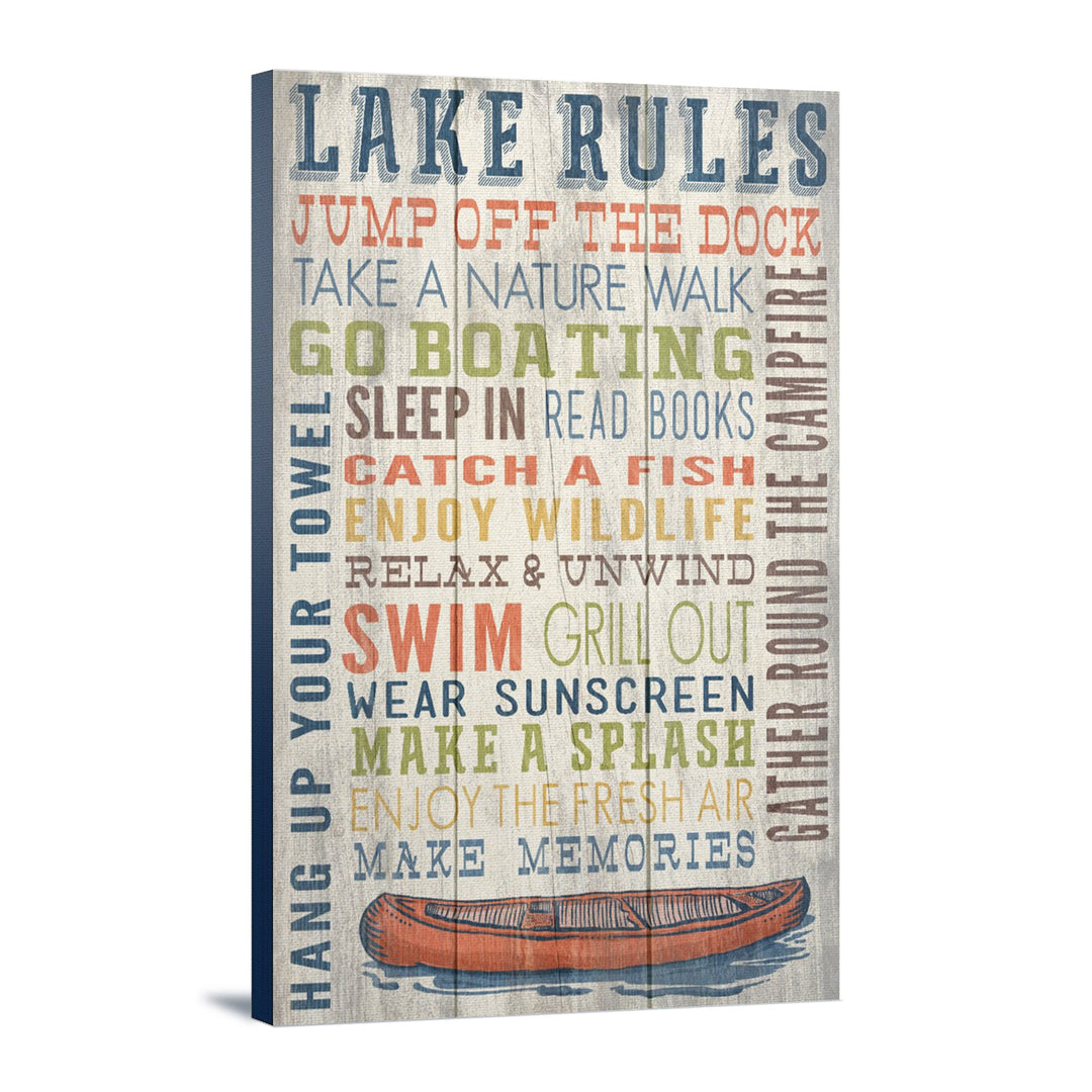 Lake Rules, Rustic Typography, Lantern Press Artwork, Stretched Canvas Canvas Lantern Press 16x24 Stretched Canvas 