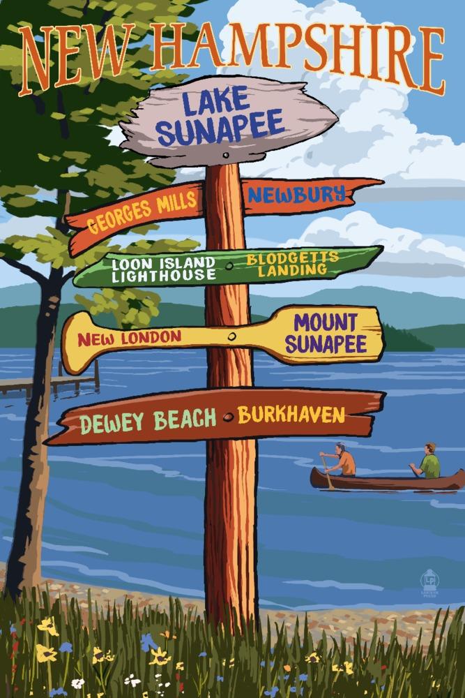 Lake Sunapee, New Hampshire, Destinations Signpost, Lantern Press Artwork, Art Prints and Metal Signs Art Lantern Press 12 x 18 Art Print 