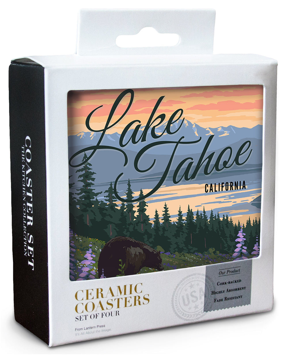 Lake Tahoe, California, Bear and Cubs with Spring Flowers, Lantern Press Artwork, Coaster Set Coasters Lantern Press 