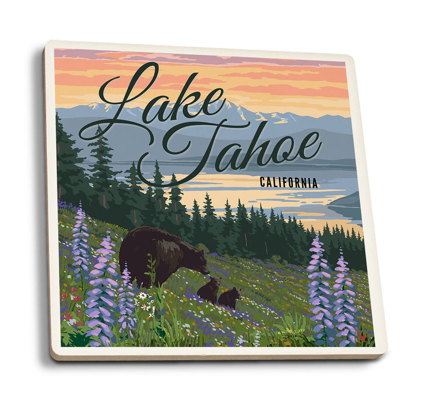 Lake Tahoe, California, Bear and Cubs with Spring Flowers, Lantern Press Artwork, Coaster Set Coasters Lantern Press 