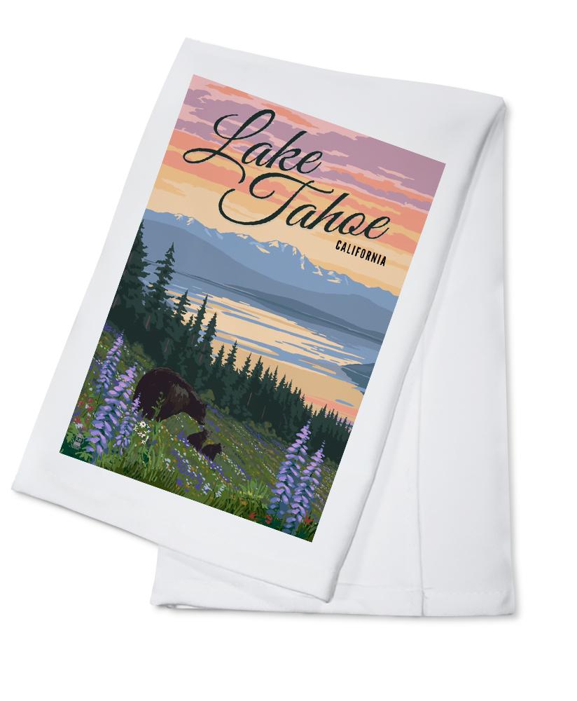 Lake Tahoe, California, Bear and Cubs with Spring Flowers, Lantern Press Artwork, Towels and Aprons Kitchen Lantern Press Cotton Towel 