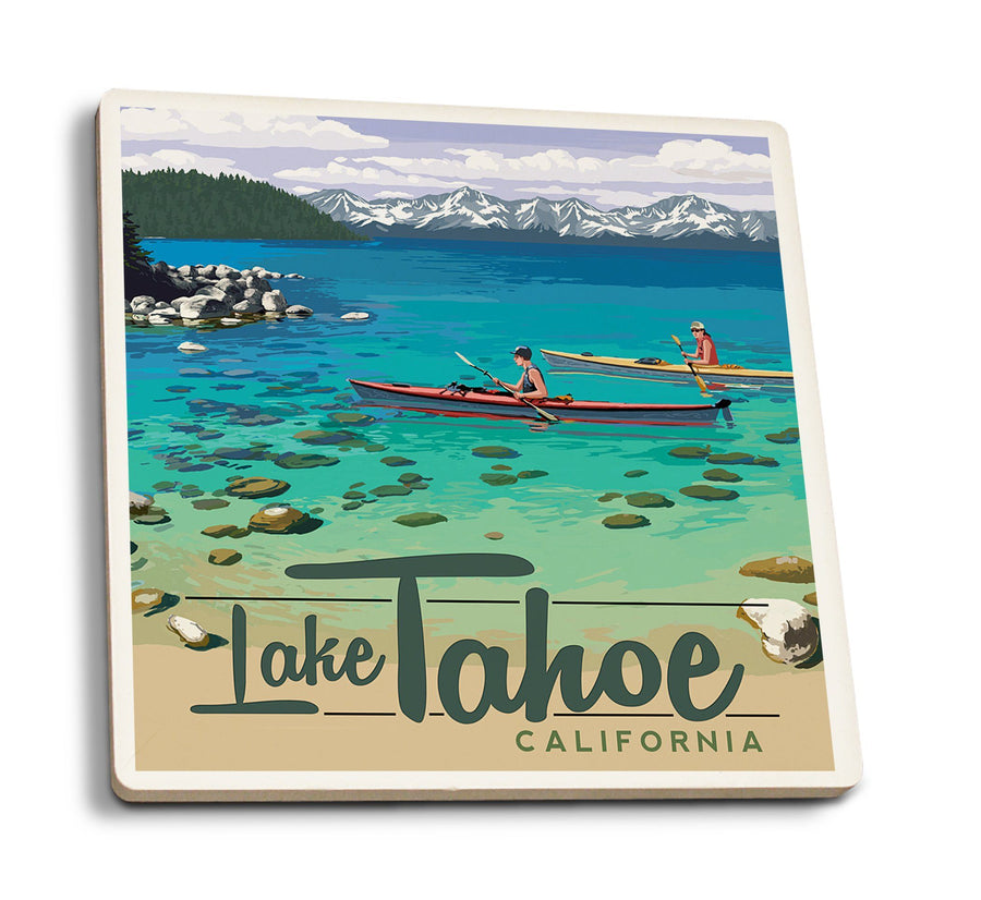 Lake Tahoe, California, Kayakers in Secret Cove, Lantern Press Artwork, Coaster Set Coasters Lantern Press 