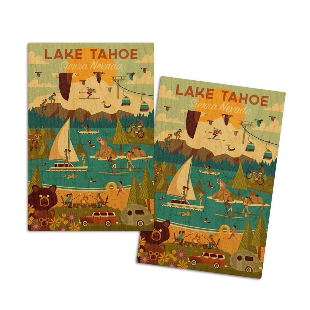 Lake Tahoe, California, Sierra Nevada, Geometric, Lantern Press Artwork, Wood Signs and Postcards Wood Lantern Press 4x6 Wood Postcard Set 