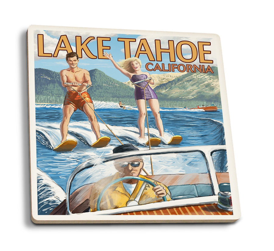 Lake Tahoe, California, Water Skiing Scene, Lantern Press Artwork, Coaster Set Coasters Lantern Press 