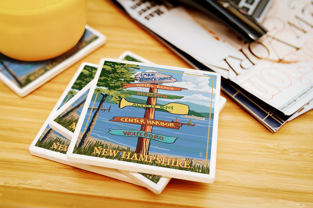 Lake Winnipesaukee, New Hampshire, Destinations Sign, Lantern Press Artwork, Coaster Set Coasters Lantern Press 
