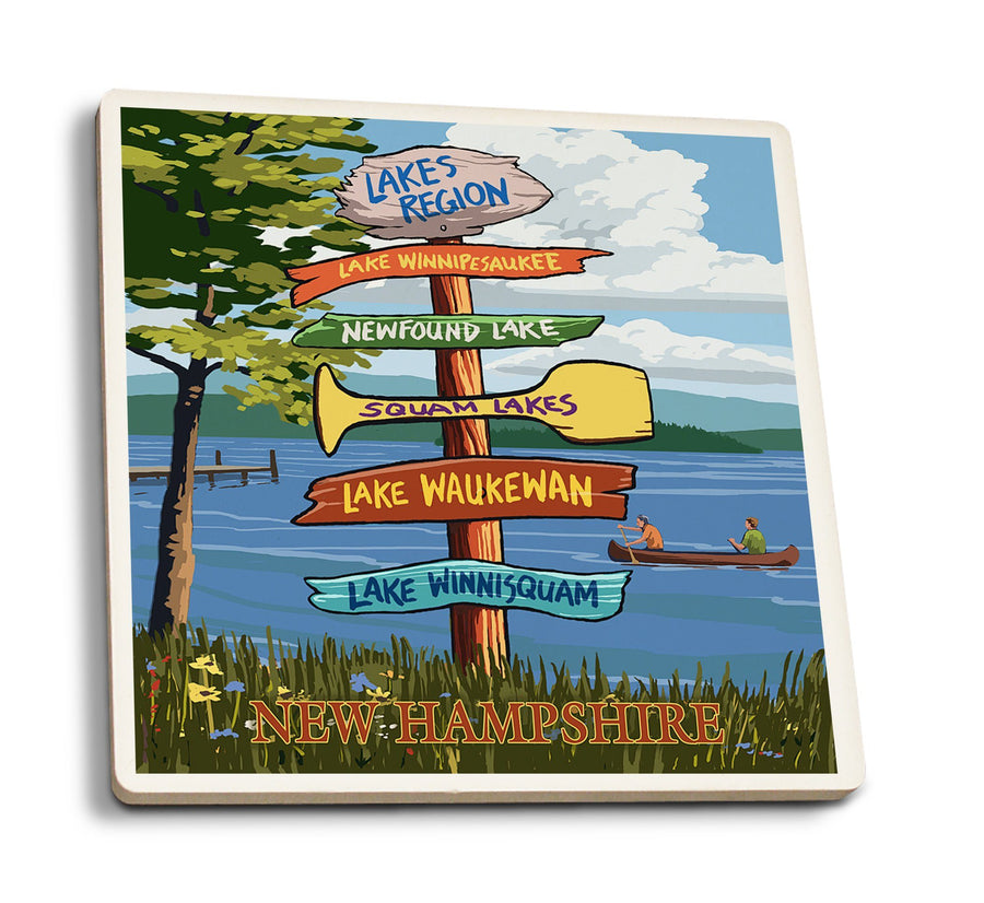 Lakes Region, New Hampshire, Destinations Sign, Lantern Press Artwork, Coaster Set Coasters Lantern Press 