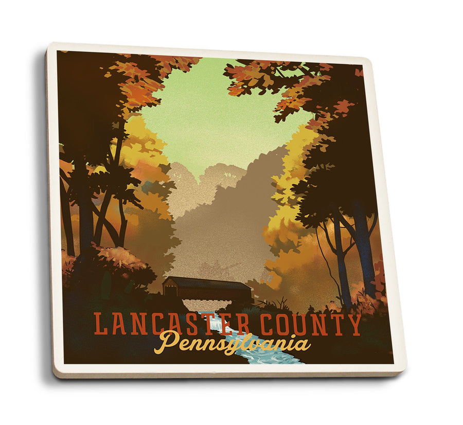 Lancaster County, Pennsylvania, Covered Bridge, Litho, Lantern Press Artwork, Coaster Set Coasters Lantern Press 