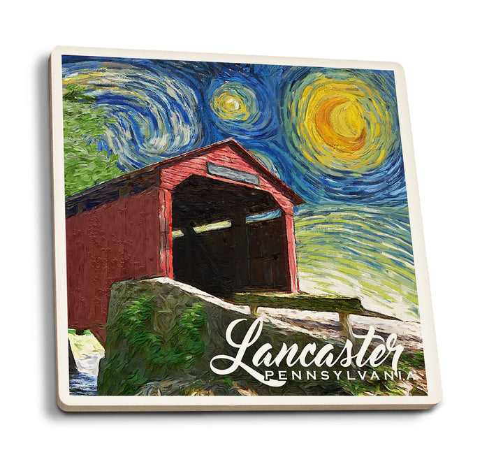 Lancaster County, Pennsylvania, Covered Bridge, Starry Night, Lantern Press Artwork, Coaster Set Coasters Lantern Press 