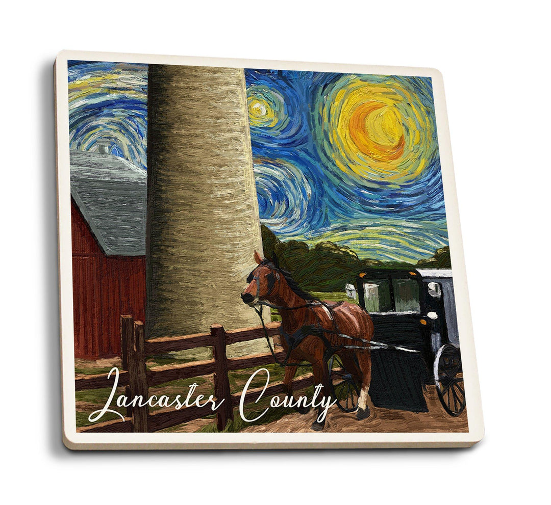 Lancaster County, Pennsylvania, Farm Scene, Starry Night, Lantern Press Artwork, Coaster Set Coasters Lantern Press 