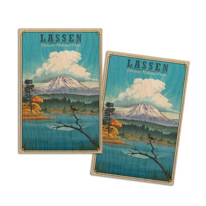 Lassen Volcanic National Park, California, Lithograph National Park Series, Lantern Press Artwork, Wood Signs and Postcards Wood Lantern Press 4x6 Wood Postcard Set 