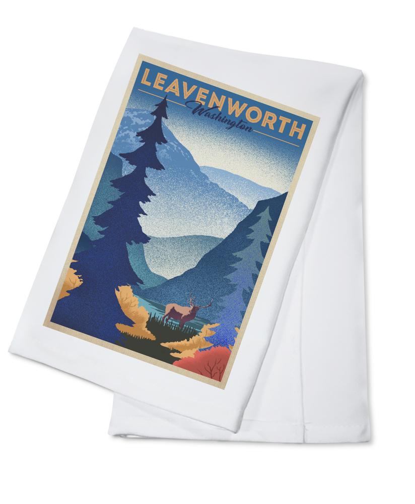 Leavenworth, Washington, Elk & Mountain Scene, Lithograph, Lantern Press Artwork, Towels and Aprons Kitchen Lantern Press 
