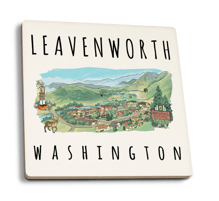 Leavenworth, Washington, Line Drawing, Lantern Press Artwork, Coaster Set Coasters Lantern Press 