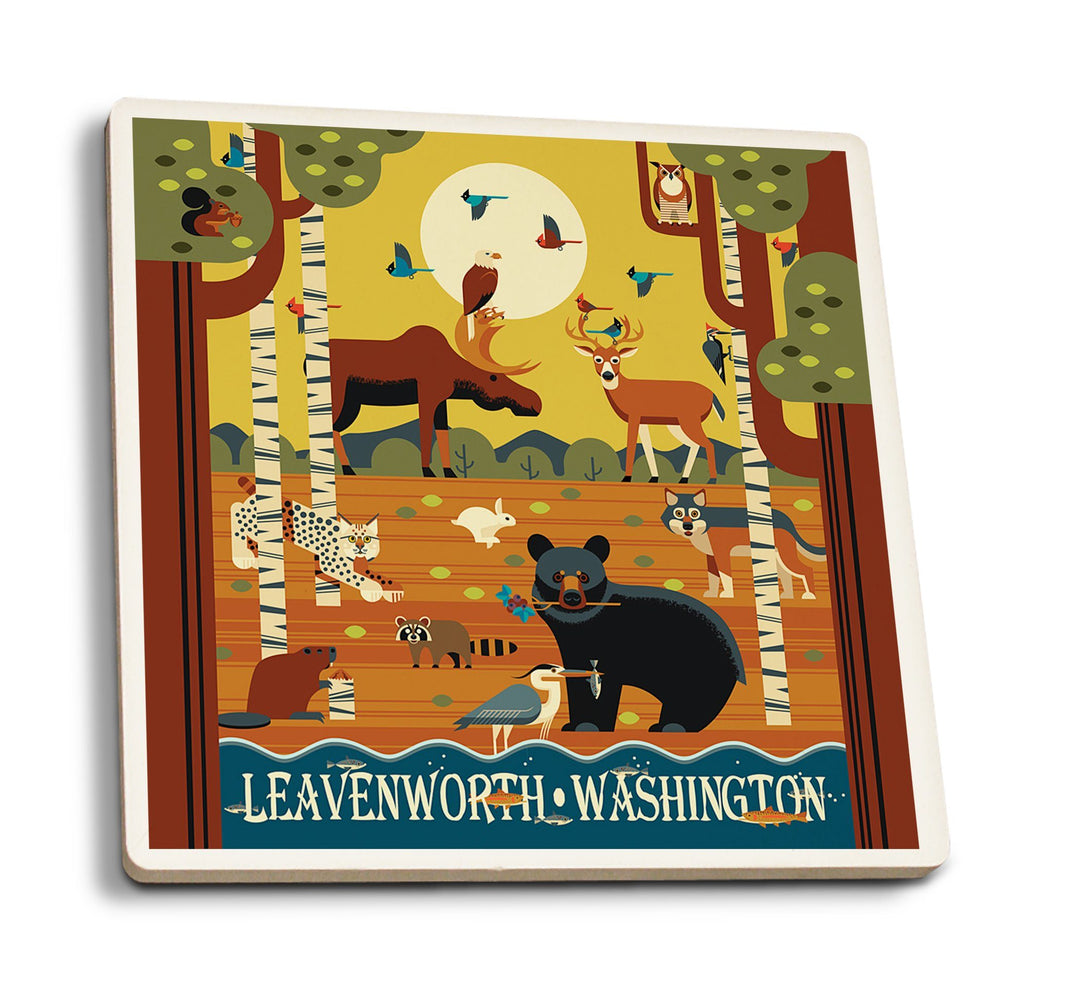 Leavenworth, Washington, Woodland Animals, Geometric, Lantern Press Artwork, Coaster Set Coasters Lantern Press 