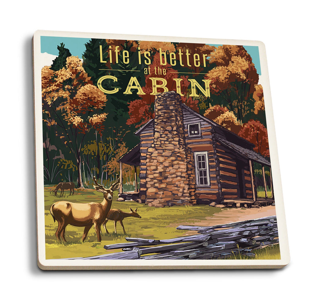 Life is Better at the Cabin, National Park WPA Sentiment, Lantern Press Artwork, Coaster Set Coasters Lantern Press 