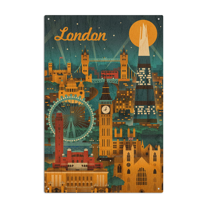 London, England, Retro Skyline, Lantern Press Artwork, Wood Signs and Postcards Wood Lantern Press 10 x 15 Wood Sign 
