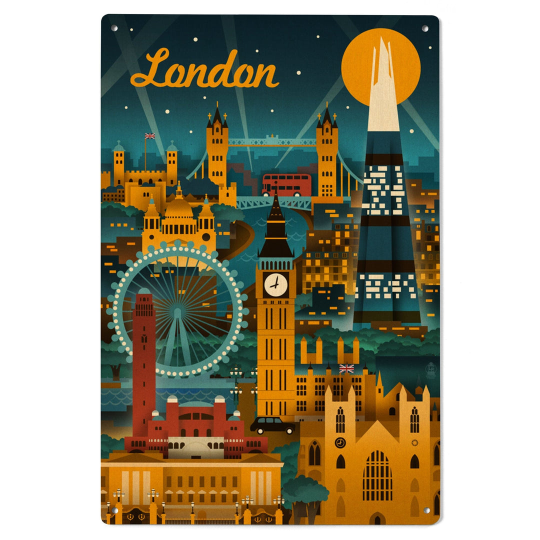 London, England, Retro Skyline, Lantern Press Artwork, Wood Signs and Postcards Wood Lantern Press 
