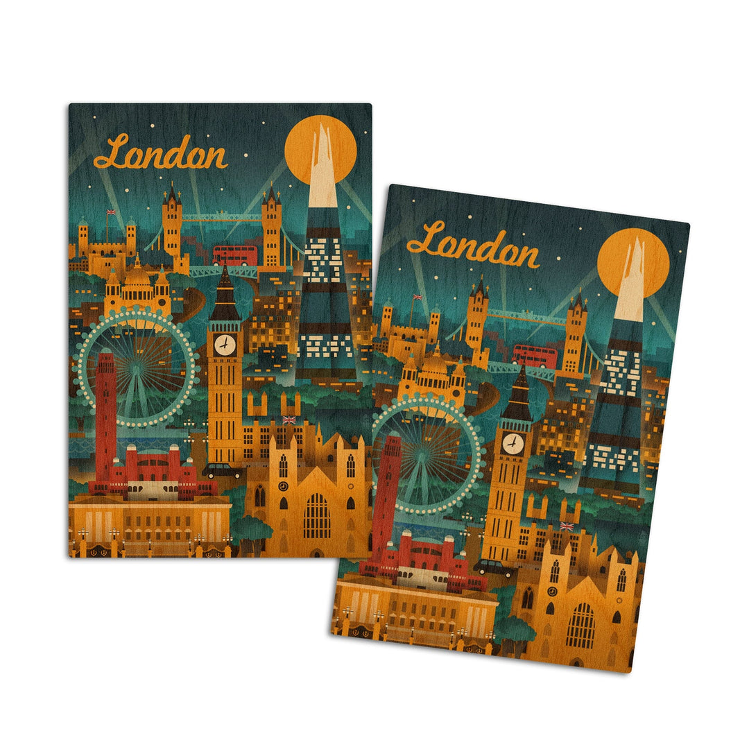 London, England, Retro Skyline, Lantern Press Artwork, Wood Signs and Postcards Wood Lantern Press 4x6 Wood Postcard Set 