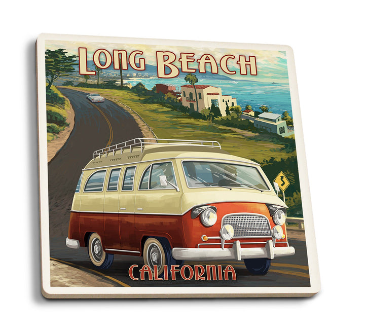 Long Beach, California, Camper Van, Lantern Press Artwork, Coaster Set Coasters Lantern Press 