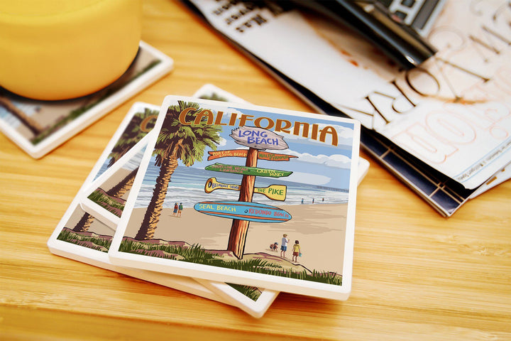Long Beach, California, Destinations Sign, Lantern Press Artwork, Coaster Set Coasters Lantern Press 