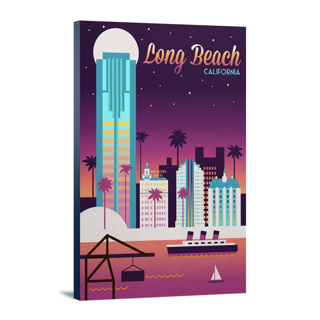 Long Beach, California, Retro Skyline Chromatic Series, Lantern Press Artwork, Stretched Canvas Canvas Lantern Press 12x18 Stretched Canvas 