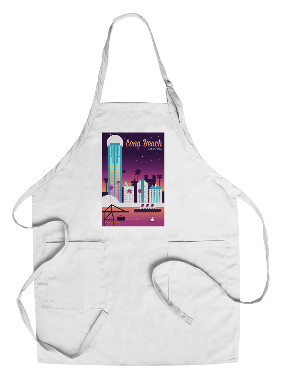 Long Beach, California, Retro Skyline Chromatic Series, Lantern Press Artwork, Towels and Aprons Kitchen Lantern Press Chef's Apron 