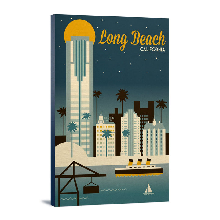 Long Beach, California, Retro Skyline Classic Series, Lantern Press Artwork, Stretched Canvas Canvas Lantern Press 12x18 Stretched Canvas 
