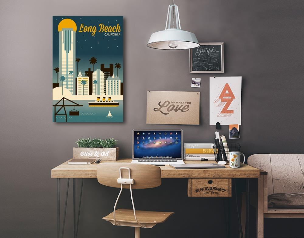 Long Beach, California, Retro Skyline Classic Series, Lantern Press Artwork, Stretched Canvas Canvas Lantern Press 