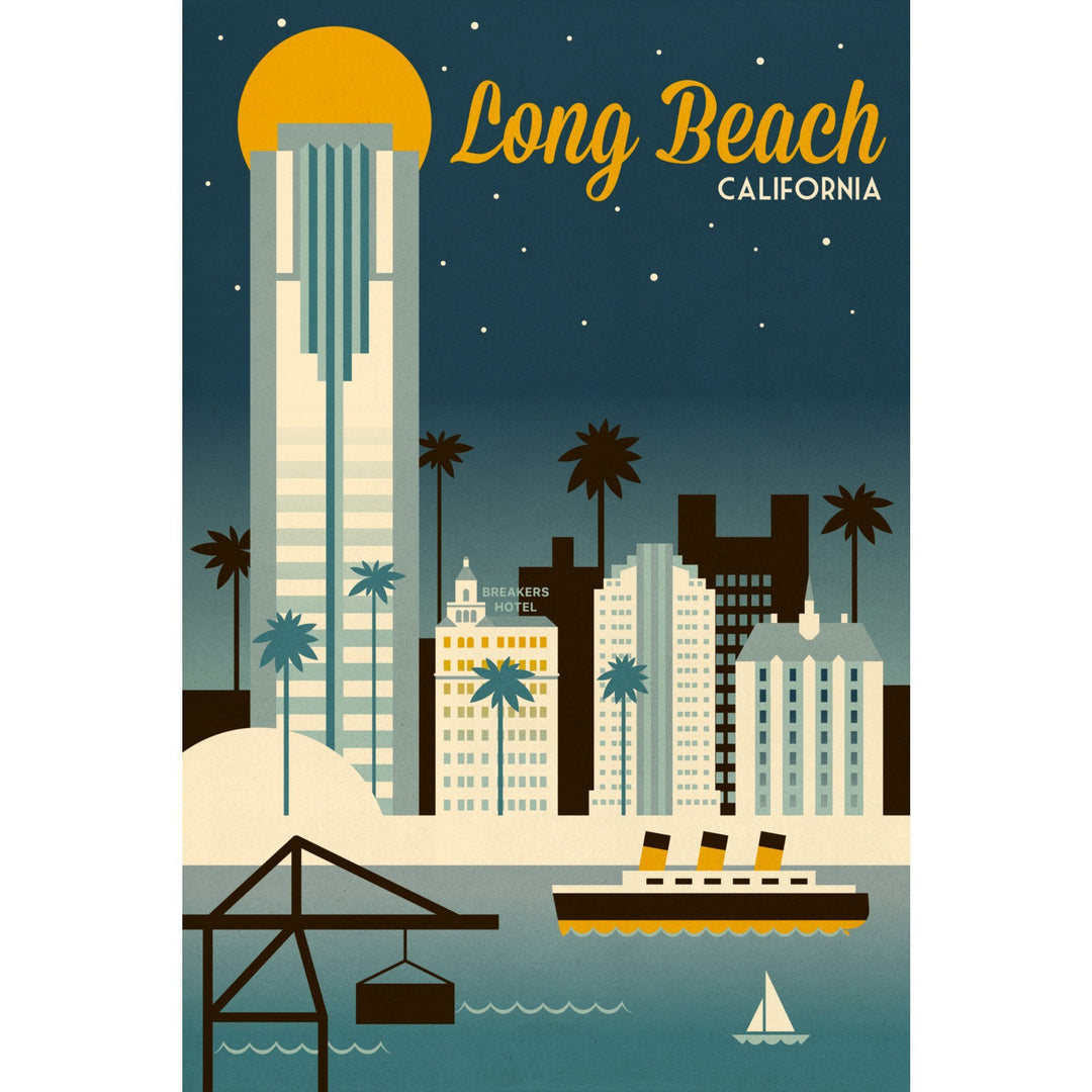 Long Beach, California, Retro Skyline Classic Series, Lantern Press Artwork, Stretched Canvas Canvas Lantern Press 