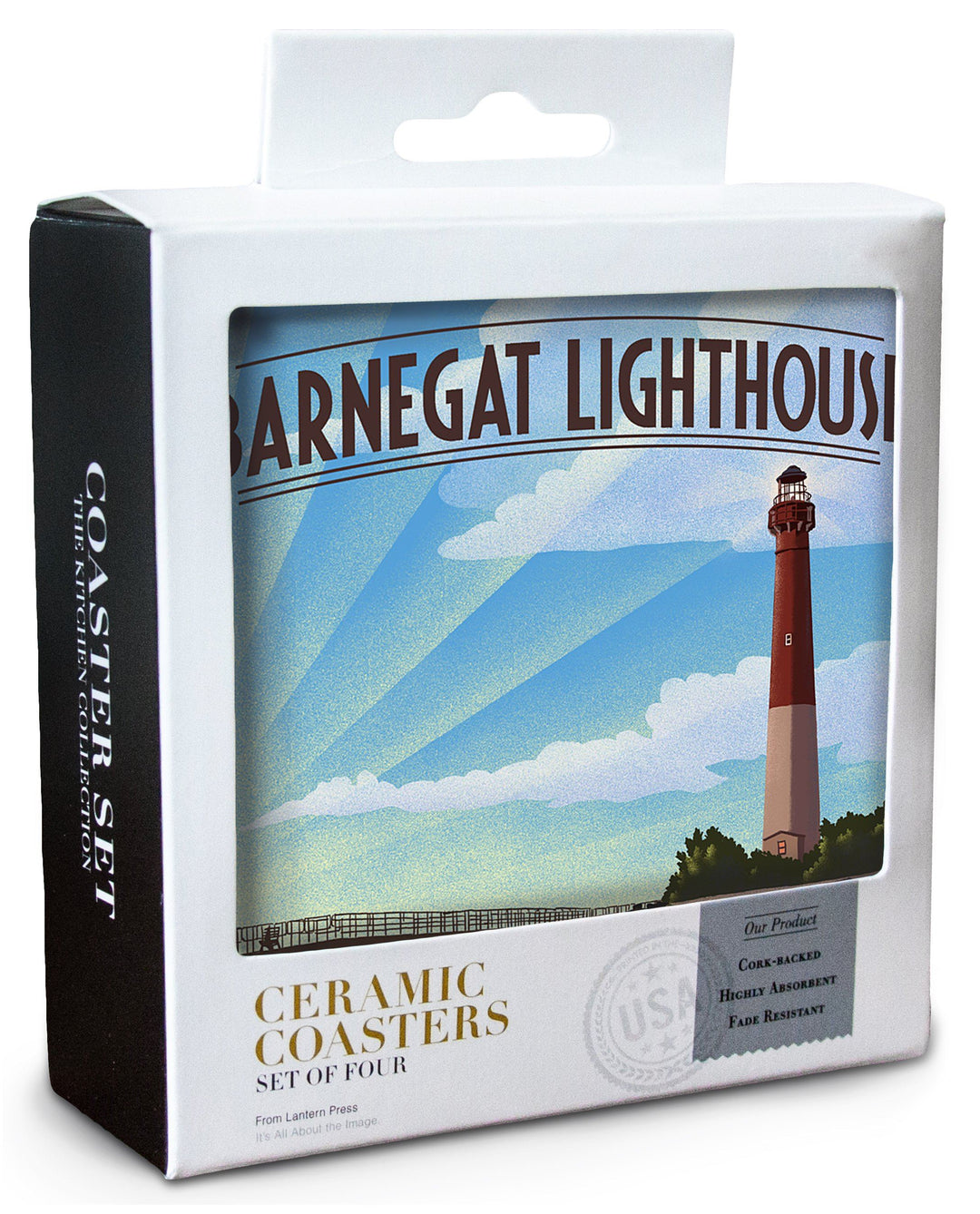 Long Beach Island, New Jersey, Barnegat Lighthouse, Lithograph, Lantern Press Artwork, Coaster Set Coasters Lantern Press 
