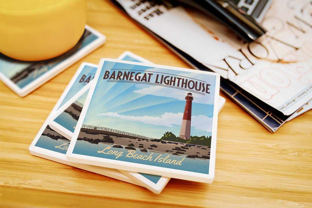 Long Beach Island, New Jersey, Barnegat Lighthouse, Lithograph, Lantern Press Artwork, Coaster Set Coasters Lantern Press 