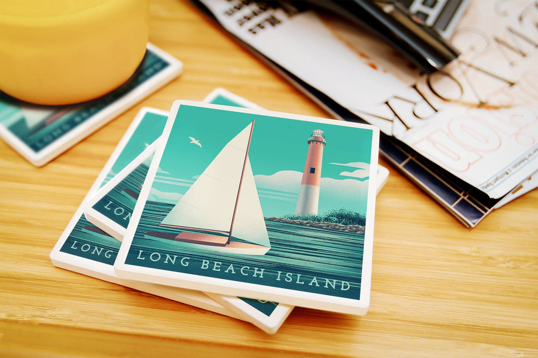 Long Beach Island, New Jersey, Beaming Lighthouse Collection, Lighthouse and Sailboat at Daylight, Coaster Set Coasters Lantern Press 