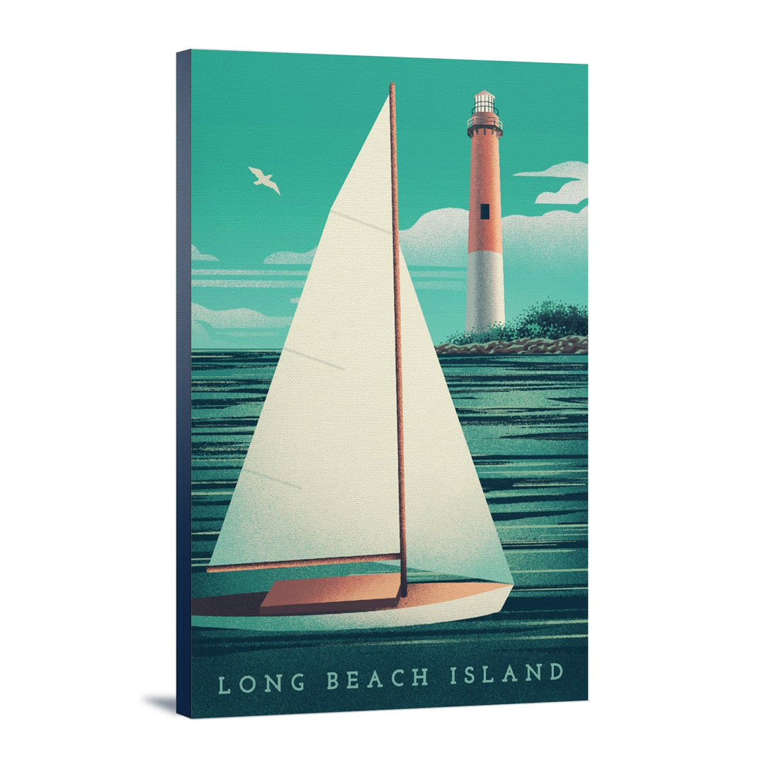 Long Beach Island, New Jersey, Beaming Lighthouse Collection, Lighthouse and Sailboat at Daylight, Stretched Canvas Canvas Lantern Press 12x18 Stretched Canvas 