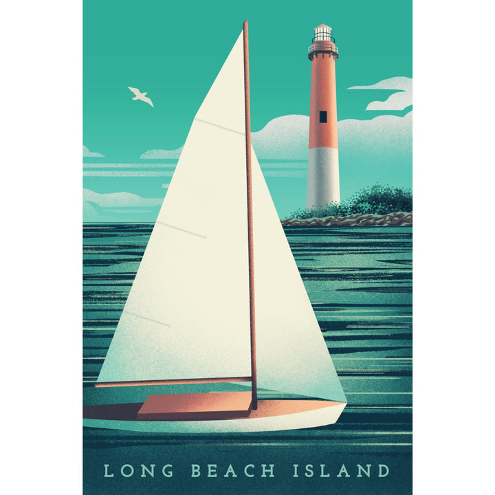 Long Beach Island, New Jersey, Beaming Lighthouse Collection, Lighthouse and Sailboat at Daylight, Stretched Canvas Canvas Lantern Press 