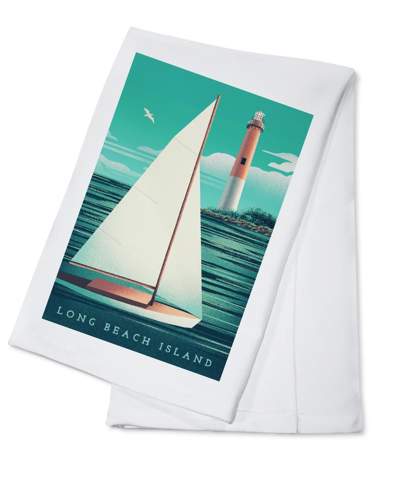 Long Beach Island, New Jersey, Beaming Lighthouse Collection, Lighthouse and Sailboat at Daylight, Towels and Aprons Kitchen Lantern Press 